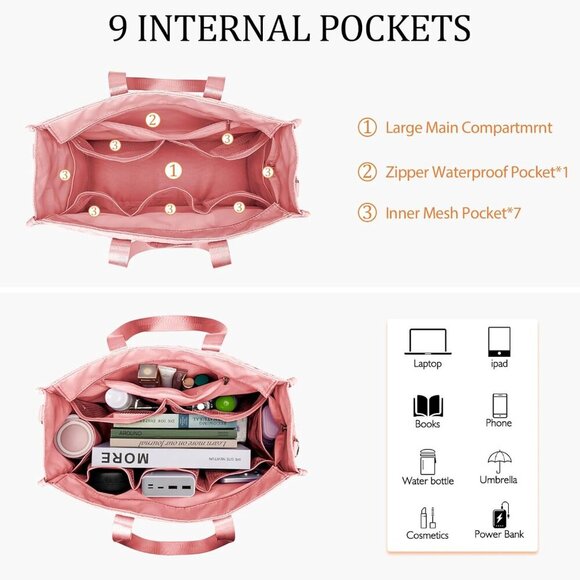 Water Resistant Tote Bag Nylon 17 Pockets Zipper Closure for Work School Nurses - Picture 3 of 7